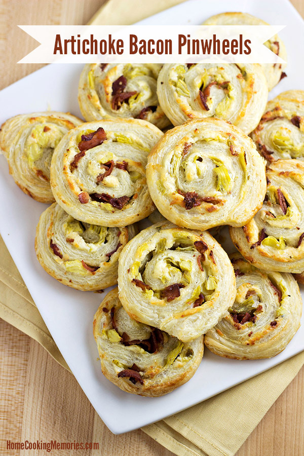 These Artichoke Bacon Pinwheels are an easy game day recipe that won't have you going into overtime in the kitchen!