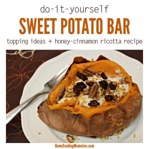 DIY Sweet Potato Bar -- a fun Autumn dinner idea that is also great for parties in the fall. Includes topping ideas & easy steps.