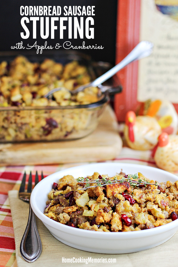 Cornbread Sausage Stuffing Recipe with Apples and Cranberries for Thanksgiving Dinner