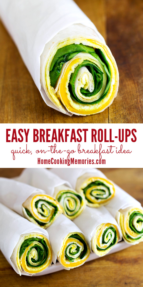 Easy Breakfast Roll-Ups -- a quick, on-the-go breakfast idea for busy mornings. Inspired by breakfast burritos, but the egg is cooked flat like an omelet, instead of scrambled. Less mess because small egg pieces don't fall out!