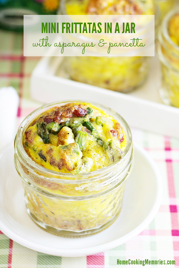 So perfect for spring - especially Easter brunch or Mother's Day brunch. Egg is beaten with milk and cheeses and combined with fresh asparagus and diced pancetta and then baked in a small canning jars for individual servings.