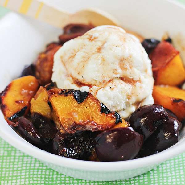 Grilled Peaches and Cherries with Cinnamon-Honey Syrup -square