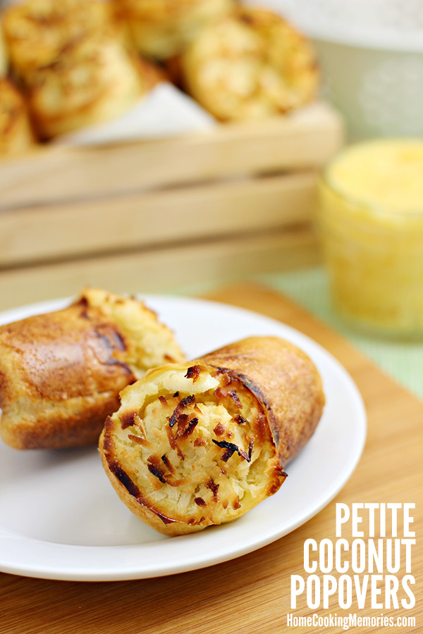 Petite Coconut Popovers Recipe - light and airy "muffins" with coconut that want to POP into your next breakfast or brunch! Delicious when served hot out of the oven with butter, orange marmalade, or your choice of spread.