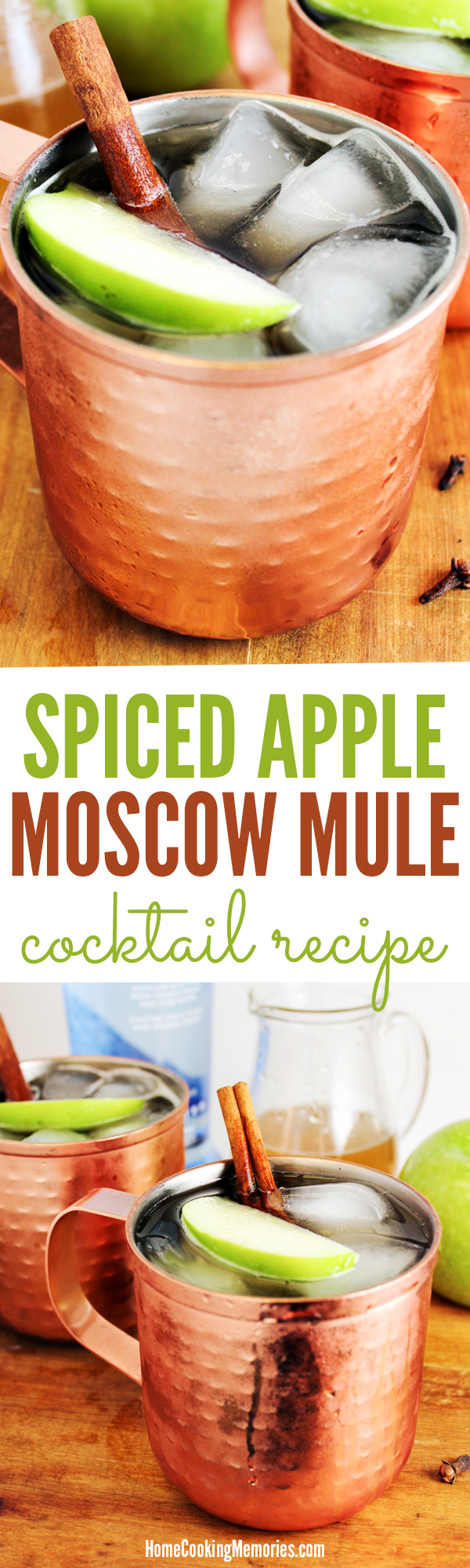 SO GOOD! This Spiced Apple Moscow Mule cocktail recipe is made with apple cider and a spiced simple syrup (with cinnamon & cloves), plus vodka & ginger beer. Especially great when served in a copper mug.