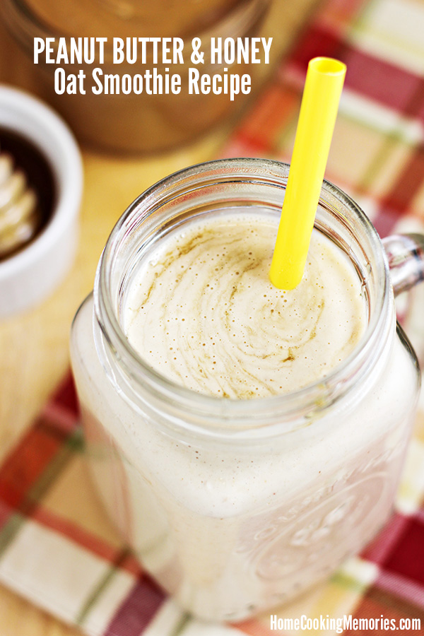Blend up this easy Peanut Butter & Honey Oat Smoothie recipe! Made with peanut butter, banana, honey, and almond milk. The whole grain oats help to keep you full longer, plus add fiber. A great smoothie for breakfast on-the-go! 