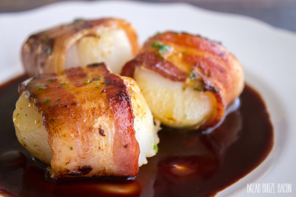 BACON WRAPPED SCALLOPS RECIPE WITH POMEGRANATE SAUCE by Bread Booze Bacon
