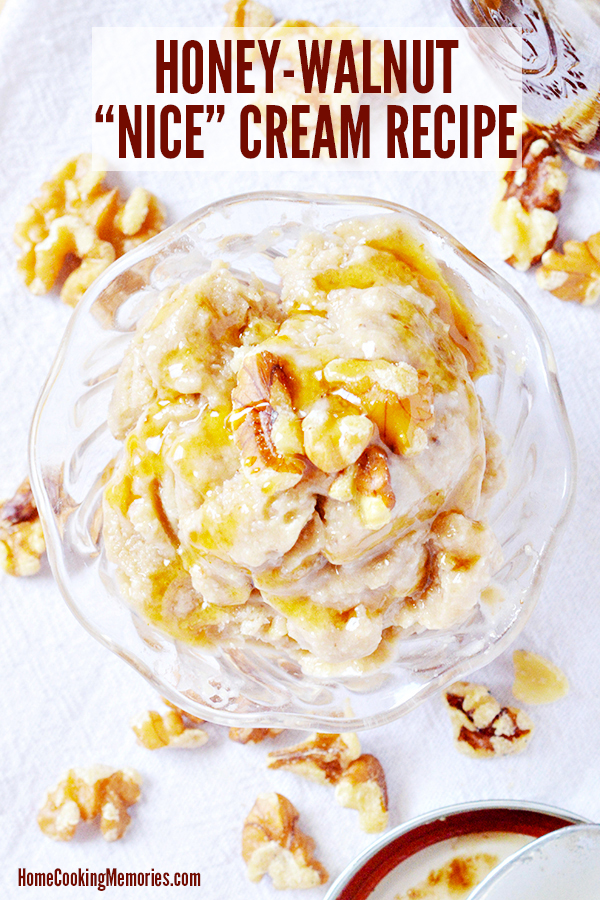 This Honey Walnut Nice Cream Recipe is an easy frozen treat made with only 3 ingredients: frozen bananas, honey, and walnuts! No ice cream maker needed!