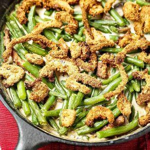 Skillet Green Bean Casserole Recipe with Crispy Onion Topping