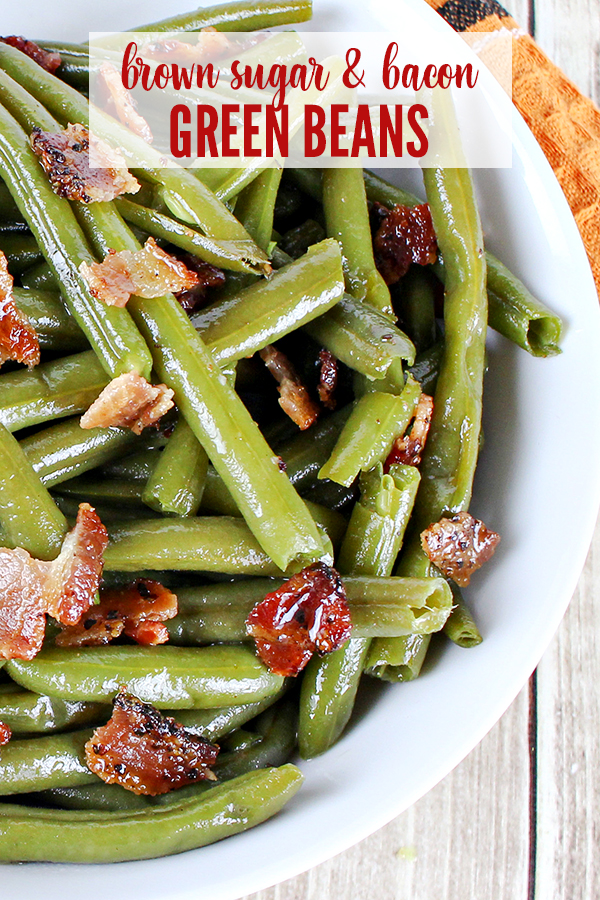 White bowl of Brown Sugar and Bacon Green Beans side dish