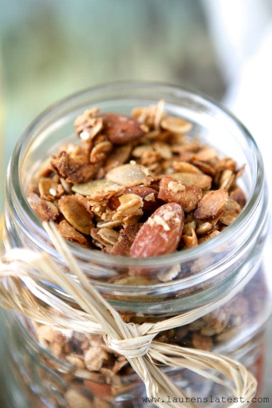 This granola recipe is a perfect topping for oatmeal or yogurt! This one recipe makes 11 cups! It is good for up to two weeks in an air-tight container! 