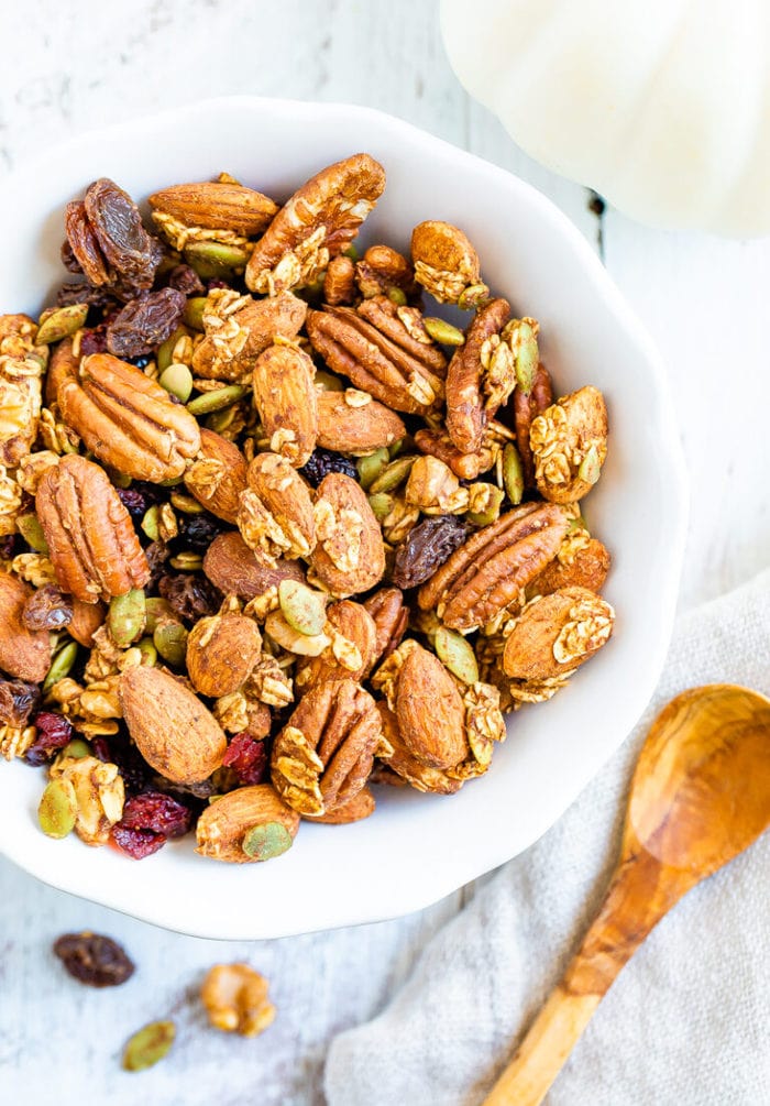 This is an amazing Fall snack! On top of having pumpkin seeds, it has different spices, walnuts, cranberries, oats, and more!