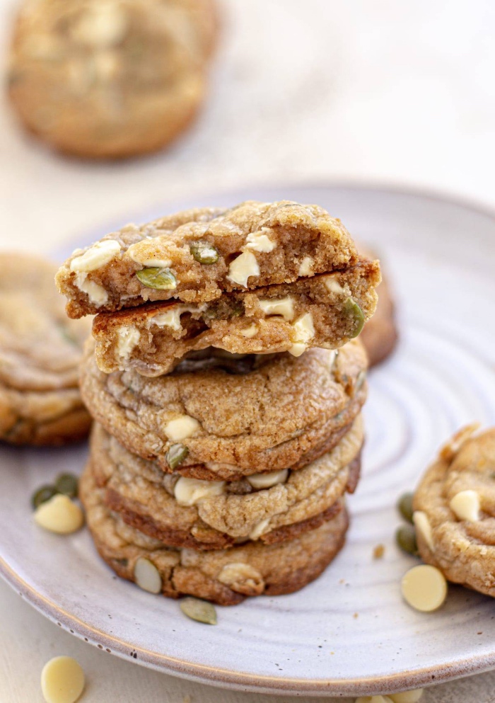 These buttery cookies are the perfect fall dessert! Pumpkin seeds and white chocolate?! Such a great mix of flavors!