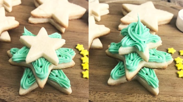 Christmas Tree Cookies are three layers of sugar cookies and frosting!