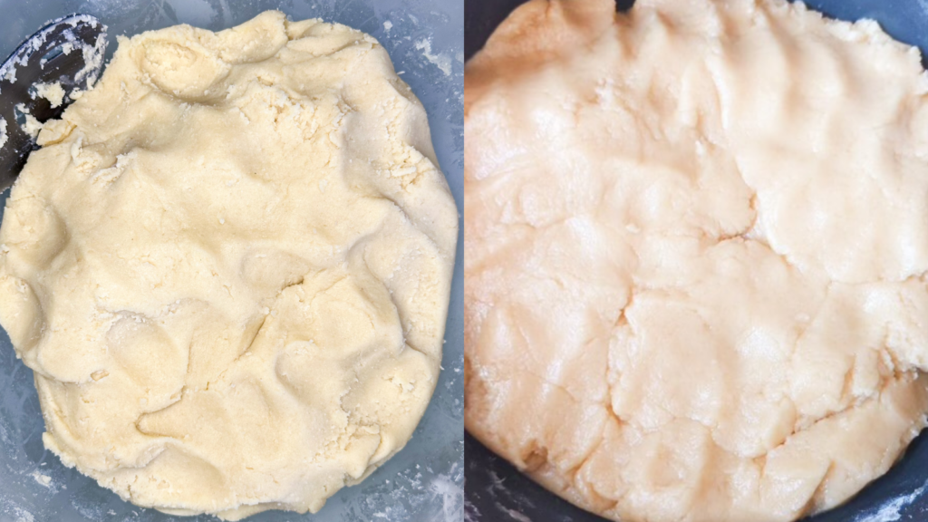 After mixing the wet and dry ingredients together, the dough will be ready to separate for the base and the topping.